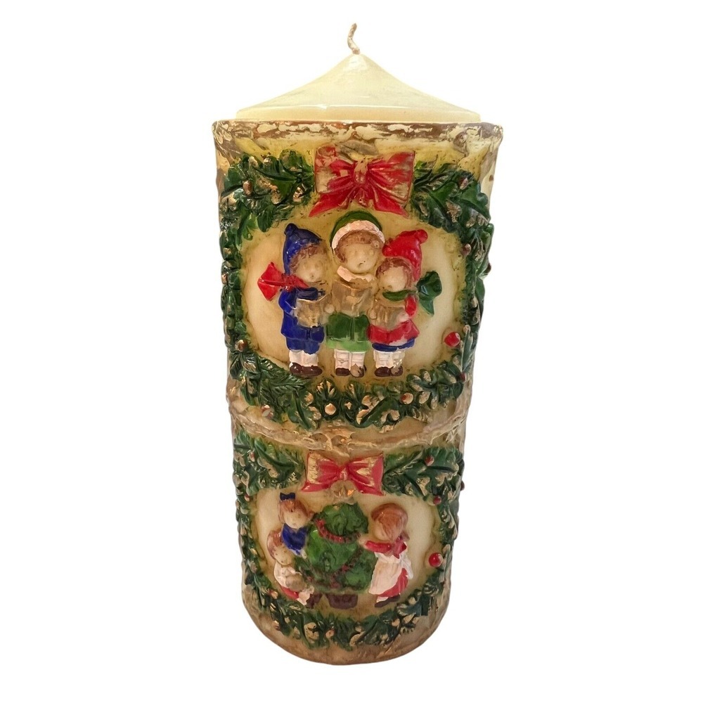 8.5" Tall Vintage Beacon Hill Children‎ At Christmas Time Candle Embossed